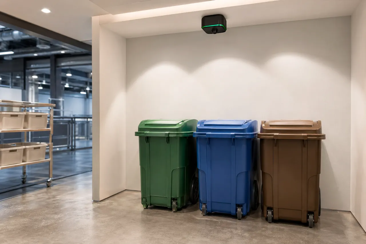 Green, blue and brown bins in an indoor refuse room, observed by a finished IRIS device on the ceiling.