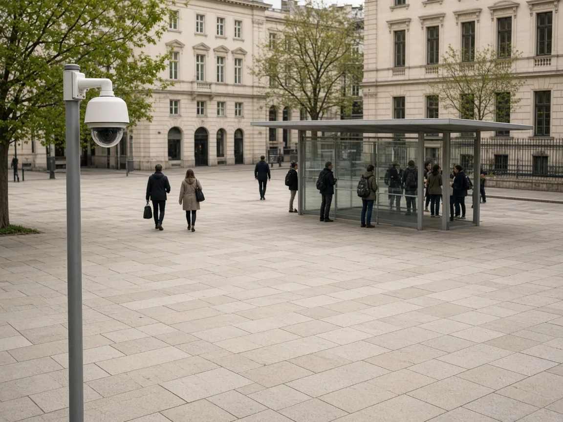 A white dome camera on a grey pole at the edge of a stone plaza, with people waiting at a covered tram stop.