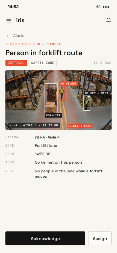 Iris Vision alert on a phone: a person in a forklift route, with the snapshot, camera, zone and time, and buttons to acknowledge or assign.