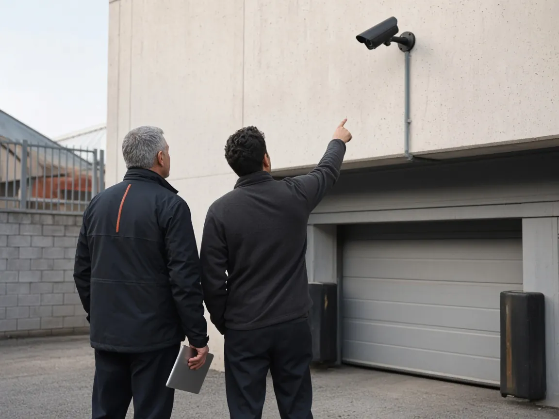 Two people on a site visit, one pointing at an existing camera above a loading door.