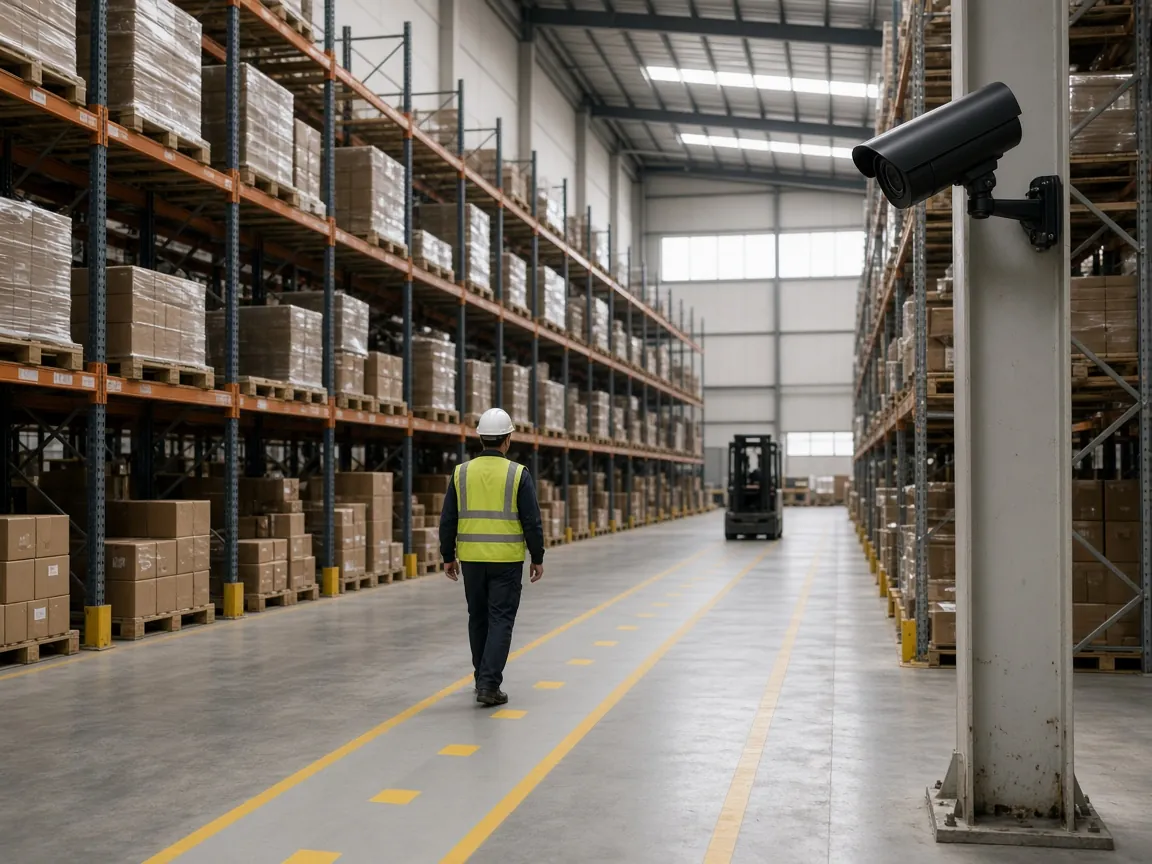 A camera on a warehouse column above a worker in a helmet and vest, with a forklift in the aisle.