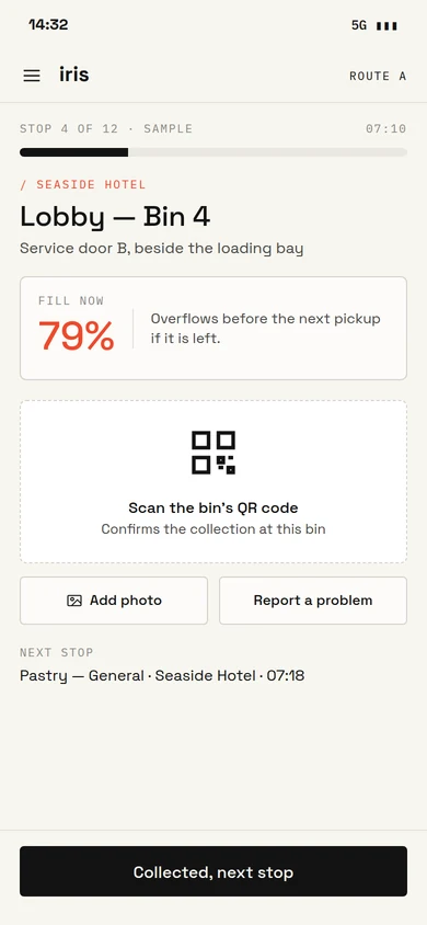Iris Waste crew app on a phone at stop 4 of 12: a lobby bin at 79% fill, a button to scan the bin’s QR code, and options to add a photo or report a problem. Sample data. Available on request.